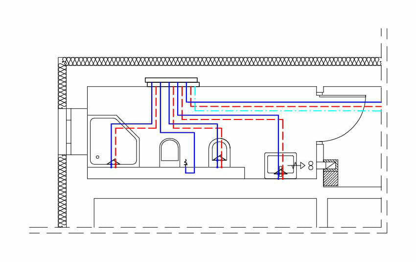 Rys. 02. Rozprowadzenie przewodów instalacji wodociągowej w systemie rozdzielaczowym z rozdzielaczem do wody użytkowej w łazience.