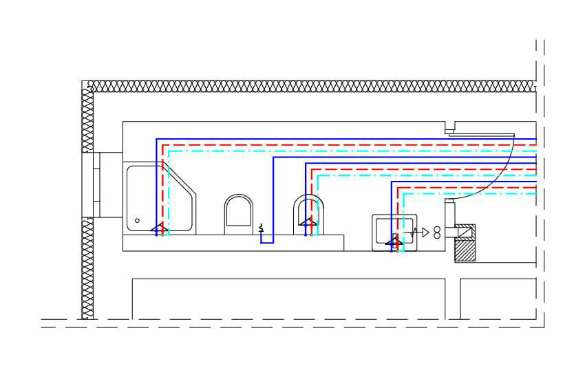 Rys. 03. Rozprowadzenie przewodów instalacji wodociągowej w systemie rozdzielaczowym.